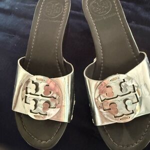 Tory Burch Silver Sandals with Wide Strap and Embellishments
